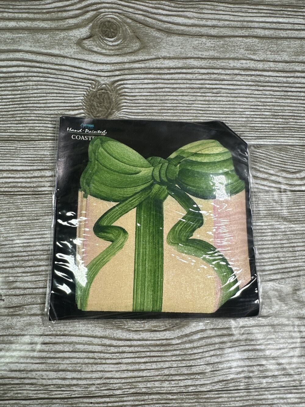 Vintage Carole Shiber Hand-Painted Green Peach Christmas Gift Coasters Set of 4
